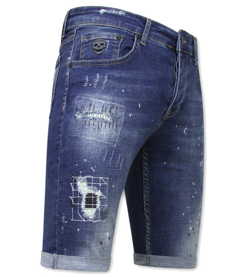 Local Fanatic Heren Korte Jeans met Verfspatten Stretch -1035-SH- Blauw