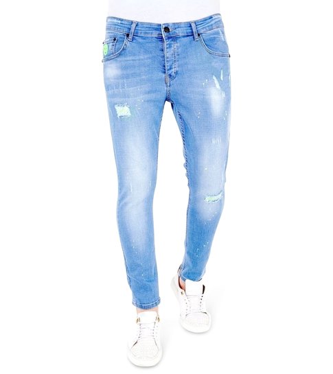 LF Exclusieve  Lichtblauwe Jeans met Verfspatten - 1027- Blauw