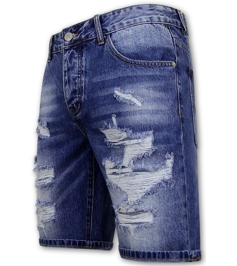 Enos Korte Spijkerbroek met Gaten - Denim Short - 953NW - Blauw