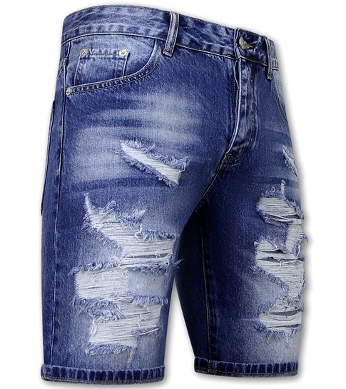 Enos Korte Spijkerbroek met Gaten - Denim Short - 953NW - Blauw
