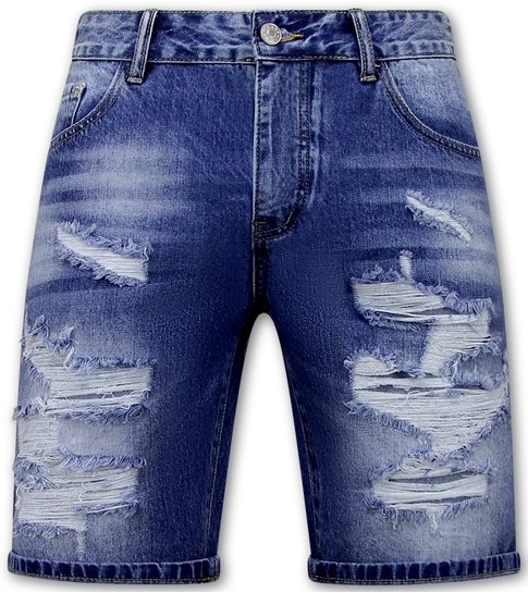 Enos Korte Spijkerbroek met Gaten - Denim Short - 953NW - Blauw