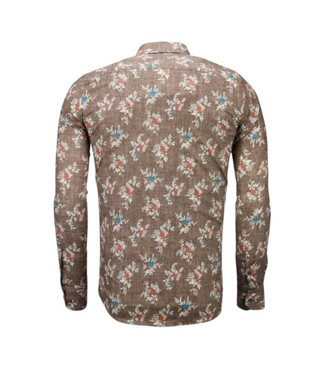 TONY BACKER Italiaanse Overhemden - Slim Fit Overhemd - Blouse Woven Flowers Pattern - Bruin