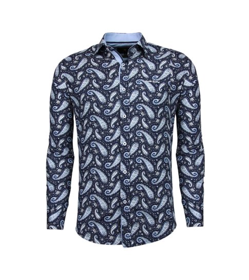 TONY BACKER Italiaanse Overhemden - Slim Fit Overhemd - Blouse Flower Pattern - Blauw