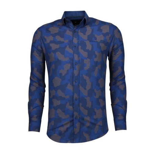 TONY BACKER Italiaanse Overhemden - Slim Fit Overhemd - Blouse Dotted Camouflage Pattern - Blauw