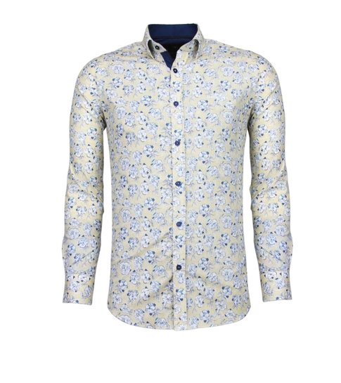 TONY BACKER Italiaanse Overhemden - Slim Fit Overhemd - Blouse Drawn Flower Pattern - Beige