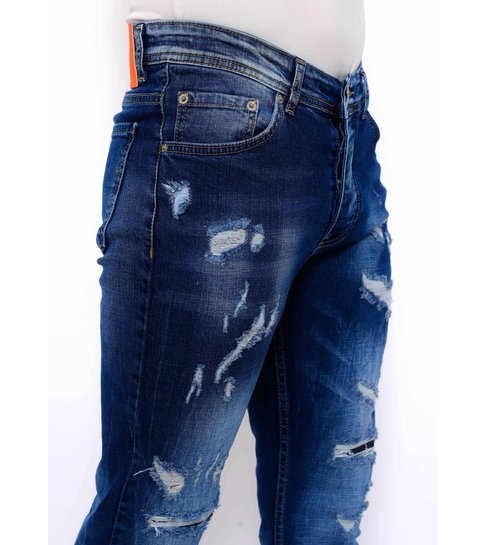 TRUE RISE Heren Blauwe Slim Fit Jeans met Gaten -DC-047