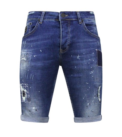 Local Fanatic Heren Korte Jeans met Verfspatten Stretch -1035-SH- Blauw