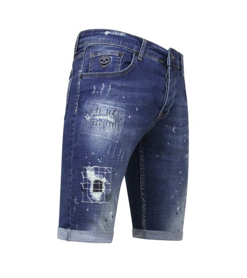 Local Fanatic Heren Korte Jeans met Verfspatten Stretch -1035-SH- Blauw