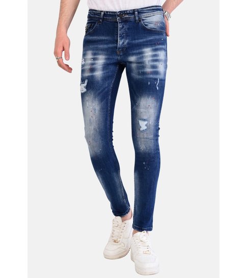 Local Fanatic Heren Slim Fit Jeans met Verfspatten Stretch - 1057 - Blauw