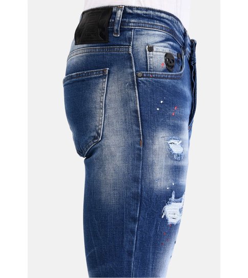 Local Fanatic Heren Slim Fit Jeans met Verfspatten Stretch - 1057 - Blauw