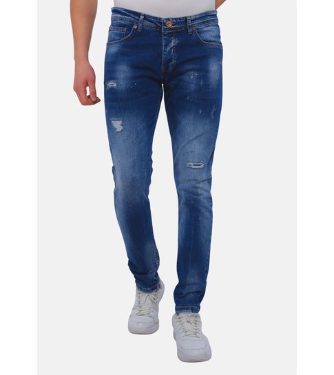 TRUE RISE Slim Fit Stretch Jeans Heren met Gaten -DC-037- Blauw