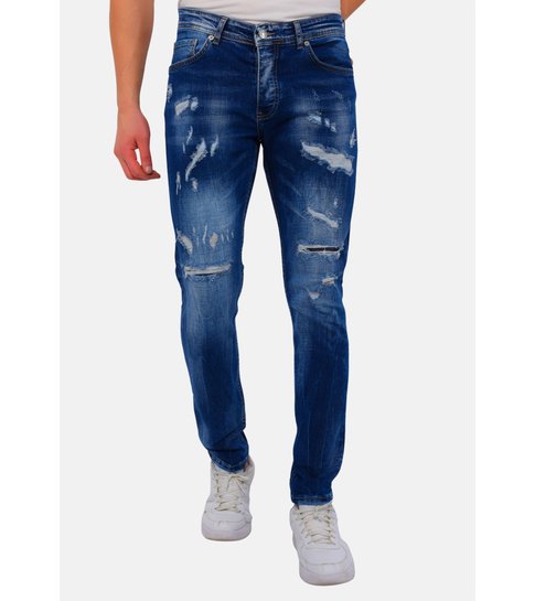 TRUE RISE Heren Blauwe Slim Fit Jeans met Gaten -DC-047