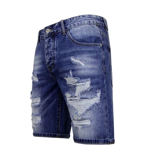 Enos Korte Spijkerbroek met Gaten - Denim Short - 953- Blauw