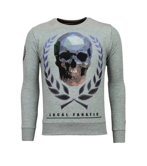 Local Fanatic Doodskop Trui - Skull Rhinestone Heren Sweater - Grijs