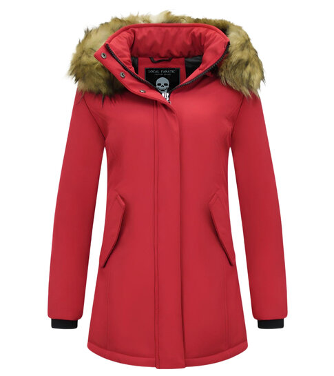 MATOGLA Dames Winterjas met Imitatie Bontkraag - Slim Fit - Rood