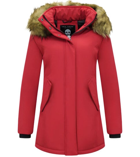 MATOGLA Dames Winterjas met Imitatie Bontkraag - Slim Fit - Rood