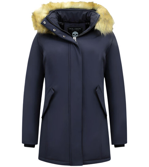 MATOGLA Dames Winterjas met Imitatie Bontkraag - Slim Fit - Blauw