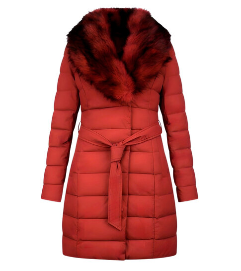 Gentile Bellini Lange Parka Dames Winterjas – Met Rode Faux Bontkraag – Rood