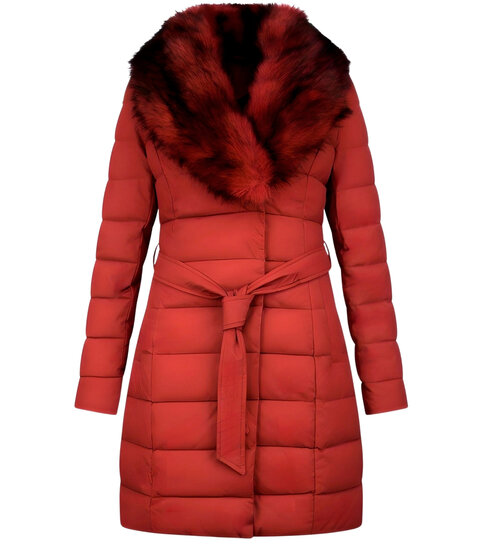 Gentile Bellini Lange Parka Dames Winterjas – Met Rode Faux Bontkraag – Rood