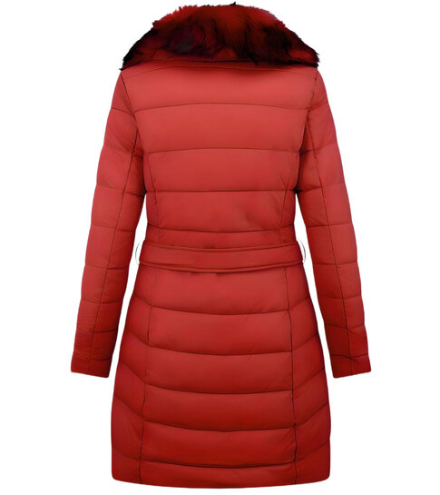 Gentile Bellini Lange Parka Dames Winterjas – Met Rode Faux Bontkraag – Rood