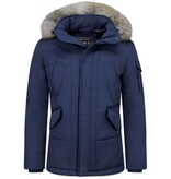 Beluomo Bontjassen - Heren Winterjas Lang - Grote Bontkraag - Parka Ruiten - Blauw