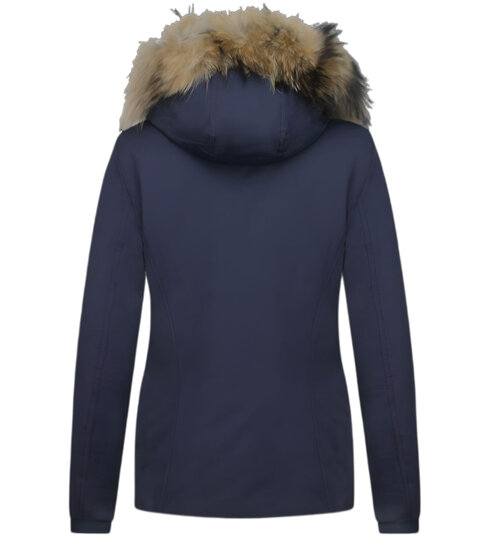 MATOGLA Bontjassen - Dames Winterjas Wooly Kort - Grote Bontkraag - Blauw