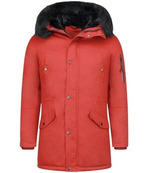 Enos Lange Heren Winterjas – Met Faux Bontkraag  – Rood