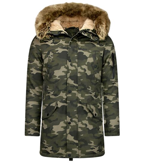 Enos Lange Heren Winterjas – Met Faux Bontkraag – Camouflage