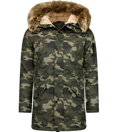 Enos Lange Heren Winterjas – Met Faux Bontkraag – Camouflage