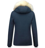 MATOGLA Korte Dames Winterjas met witte Echte Bontkraag – Blauw