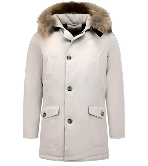 Enos  Heren Winterjas Parka met Grote Echte Bontkraag – Beige