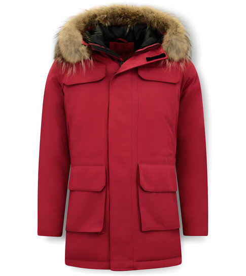 Enos Parka Heren Winterjas met Grote Echte Bontkraag – Rood