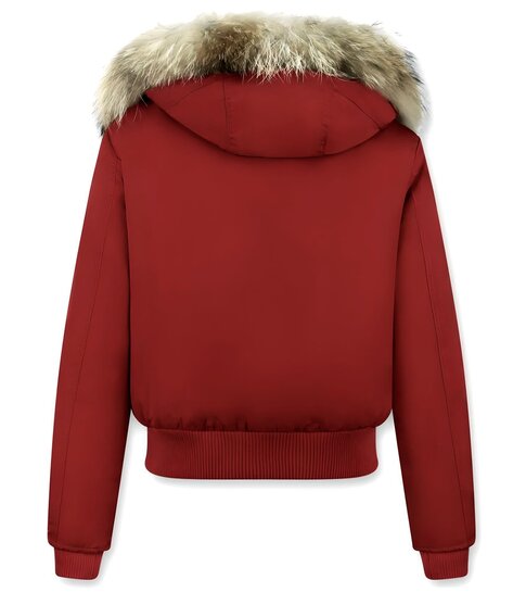 Gentile Bellini Korte Winterjas Dames  – Met Grote Bontkraag  – Rood