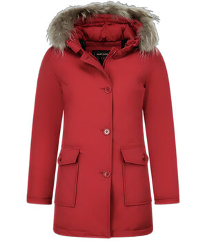 MATOGLA NepBontjassen - Dames Winterjas Wooly Lang - NepBontkraag - Parka Steekzakken - 5692A - Rood