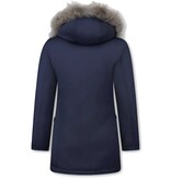 MATOGLA Bontjassen - Dames Winterjas Wooly Lang - Bontkraag - Parka Steekzakken - Blauw