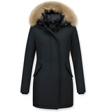 TheBrand Bontjassen - Dames Winterjas Wooly Lang - Bontkraag - Parka Steekzakken - Zwart