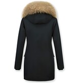 TheBrand Bontjassen - Dames Winterjas Wooly Lang - Bontkraag - Parka Steekzakken - Zwart