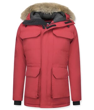 Beluomo Heren Winterjas  – Met Bontkraag  – Rood