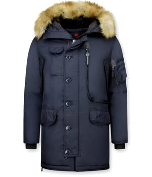 JUST KEY Lange Winterjassen Heren met Bontkraag - Extra lang - Blauw