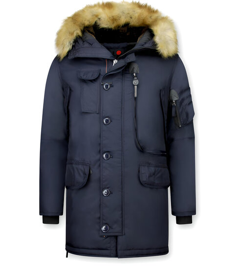 JUST KEY Lange Winterjassen Heren met Bontkraag - Extra lang - Blauw