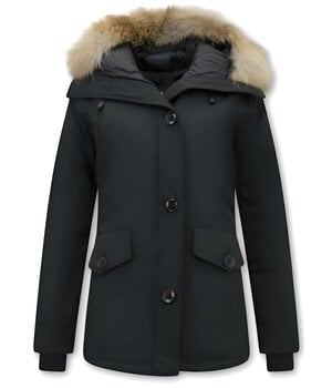W  Collection Halflange Dames Winterjas met Bontkraag – Zwart