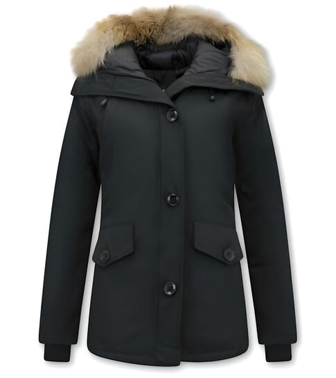 W  Collection Halflange Dames Winterjas met Bontkraag – Zwart