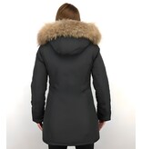 TheBrand Bontjassen - Dames Winterjas Wooly Lang - Bontkraag - Parka Steekzakken - Zwart