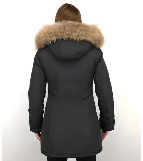 TheBrand Bontjassen - Dames Winterjas Wooly Lang - Bontkraag - Parka Steekzakken - Zwart