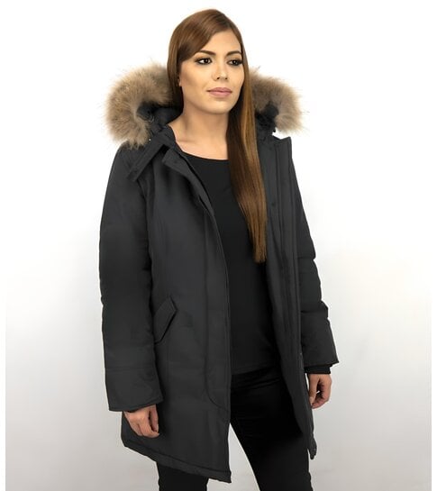 TheBrand Bontjassen - Dames Winterjas Wooly Lang - Bontkraag - Parka Steekzakken - Zwart