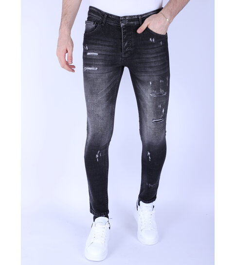 Local Fanatic Heren Slim Fit Stone Wash Jeans met  Gaten -1102 - Grijs