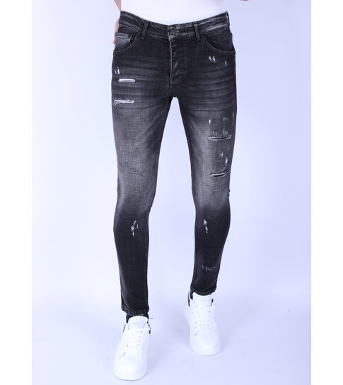 Local Fanatic Heren Slim Fit Stone Wash Jeans met  Gaten -1102 - Grijs