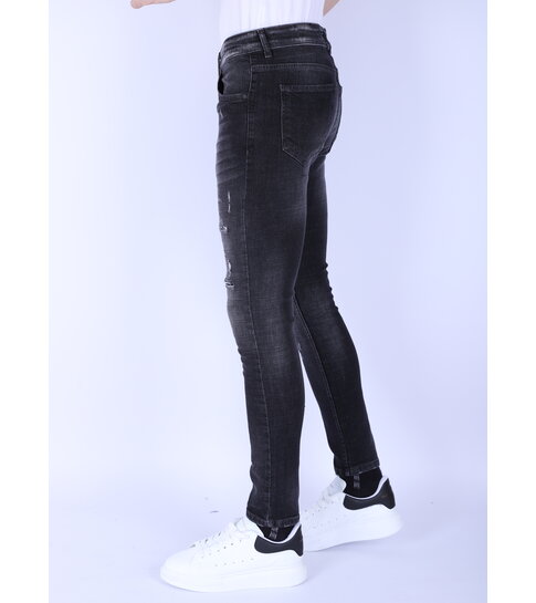 Local Fanatic Heren Slim Fit Stone Wash Jeans met  Gaten -1102 - Grijs