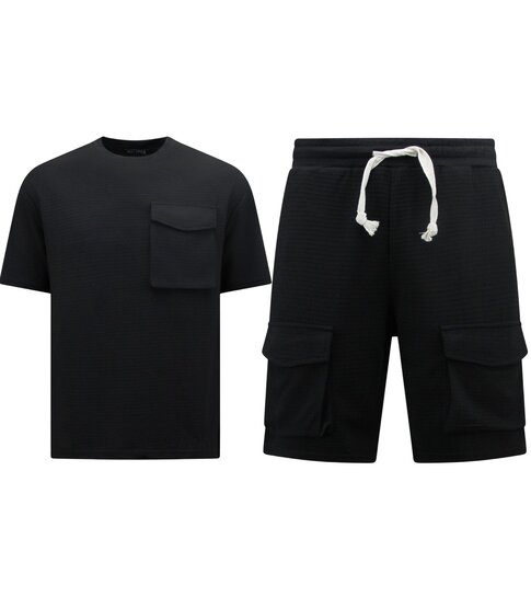 True Rise Geribbelde Oversized T-shirt - Joggingshort Heren - SET - Zwart