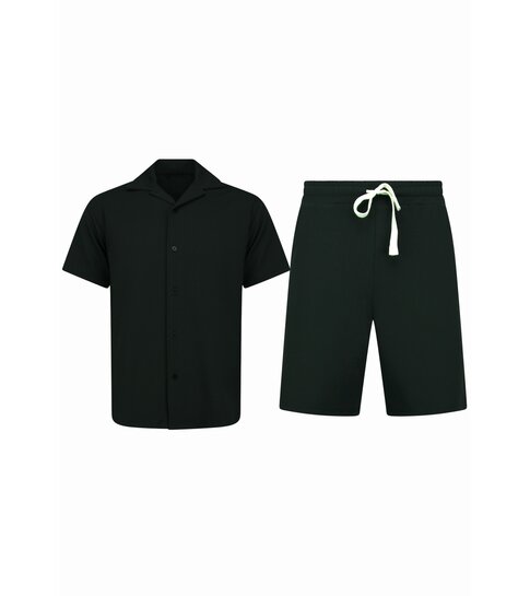 ENOS Twinset  - Ribbed  Oversized  Shirt - Zomerset Heren - Two Piece Setje - Co ord Set - 915 - Zwart